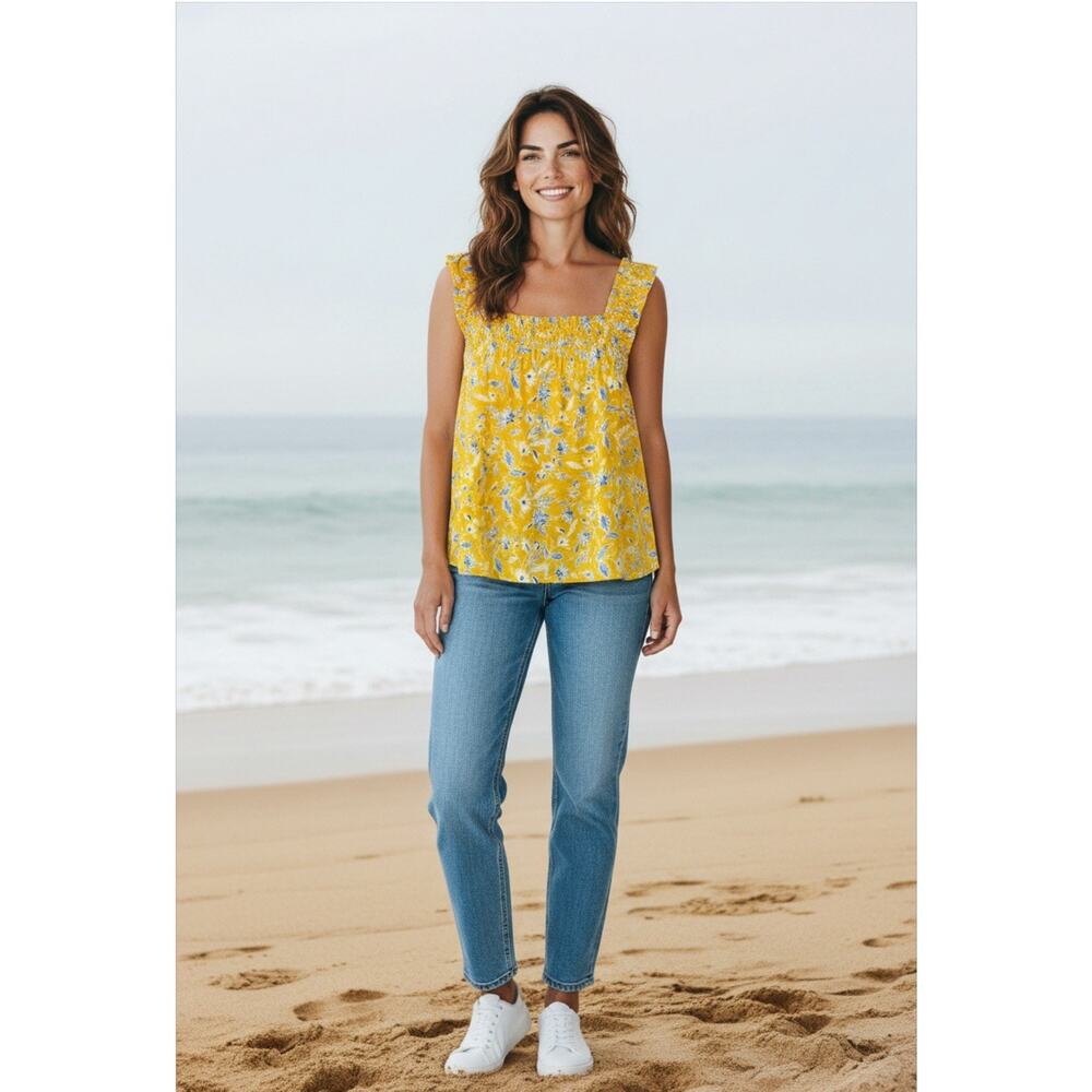 Loft Yellow Smocked Pullover Tank Floral Sleeveless NEW Shirt Womens size XL